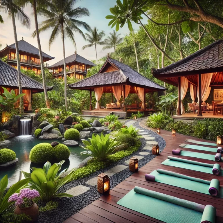 Serene wellness retreat in Bali, featuring yoga mats and meditation pavilion in lush tropical surroundings.