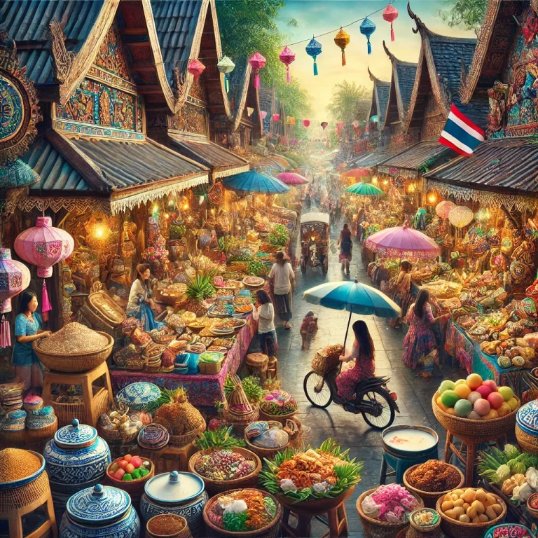 Vibrant Southeast Asian market scene featuring colorful stalls with handmade crafts, street food vendors, and shoppers exploring the market. Thai, Vietnamese, and Balinese influences are present through textiles, wooden carvings, and woven baskets in a lively, festive atmosphere.