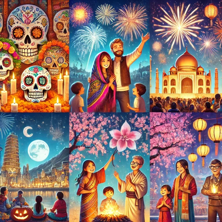 A family enjoying traditional festivals around the world, including Mexico's colorful Day of the Dead, India's sparkling Diwali, Japan's serene Cherry Blossom Festival, and New Zealand's cultural Matariki celebration, with vibrant elements such as altars, fireworks, cherry blossoms, and stars
