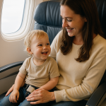 A mother and child enjoying their international flight together, smiling while seated on the airplane