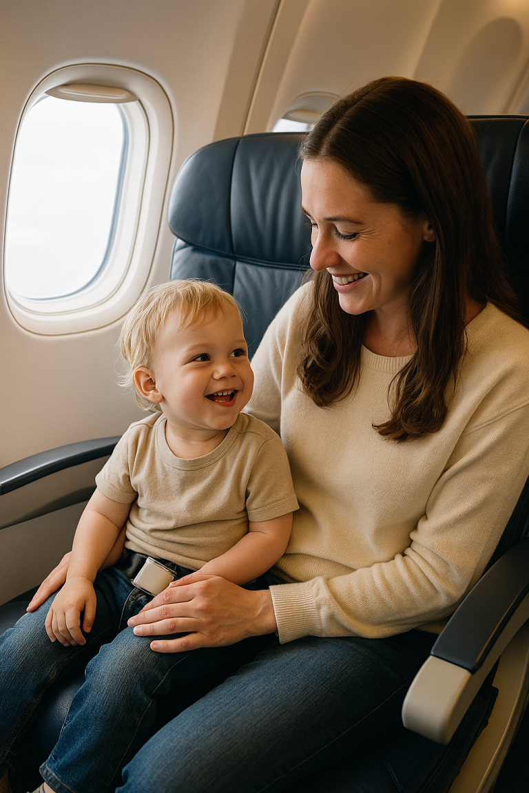 A mother and child enjoying their international flight together, smiling while seated on the airplane