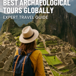 A female traveler with a hat stands overlooking the ruins of Machu Picchu, representing global archaeological adventures.
