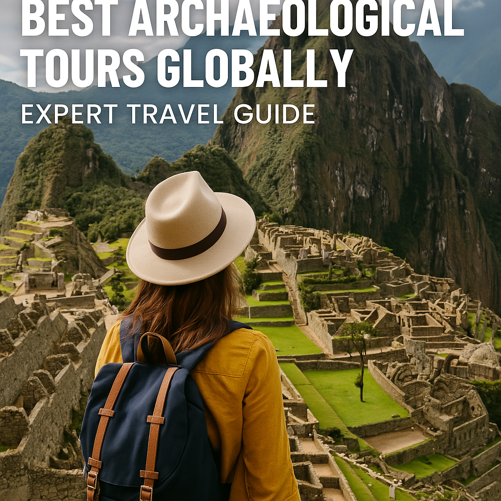 A female traveler with a hat stands overlooking the ruins of Machu Picchu, representing global archaeological adventures.