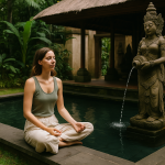 A woman meditates beside a serene pool and Balinese deity fountain at a holistic healing center in Bali, surrounded by tropical greenery.