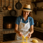 A traveler enjoys a hands-on pasta-making class in Tuscany during a culinary vacation in Europe.