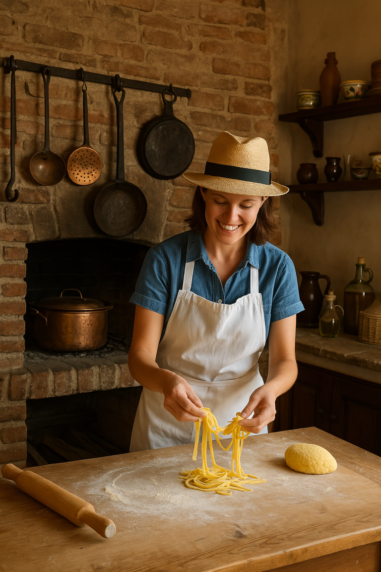 A traveler enjoys a hands-on pasta-making class in Tuscany during a culinary vacation in Europe.