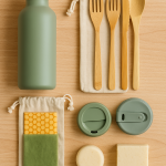 A flat lay of zero waste travel essentials including a reusable water bottle, bamboo cutlery, collapsible coffee cup, beeswax wraps, and solid toiletries.