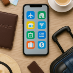 A flat lay of a smartphone surrounded by travel essentials and app icons, highlighting useful apps for frequent travelers.