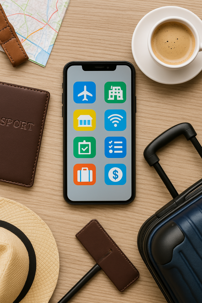 A flat lay of a smartphone surrounded by travel essentials and app icons, highlighting useful apps for frequent travelers.