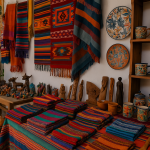 A vibrant artisan market stall with colorful textiles, handmade ceramics, and traditional crafts on display.