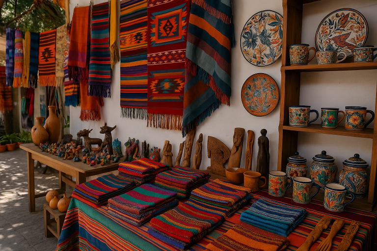 A vibrant artisan market stall with colorful textiles, handmade ceramics, and traditional crafts on display.