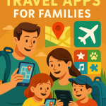 A colorful flat-style digital illustration showing a family of four interacting with mobile phones and tablets while planning a trip, surrounded by app icons and travel elements like maps, planes, and suitcases