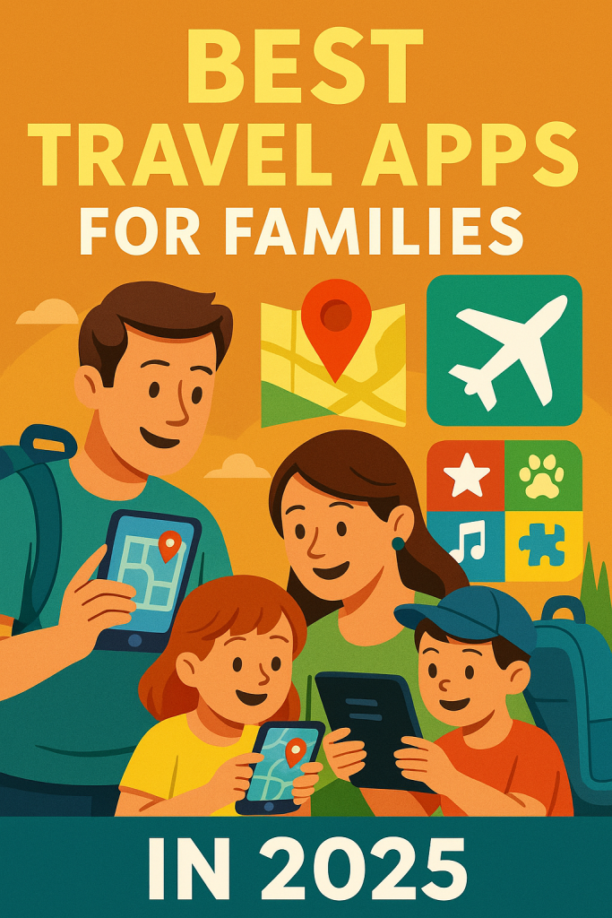 A colorful flat-style digital illustration showing a family of four interacting with mobile phones and tablets while planning a trip, surrounded by app icons and travel elements like maps, planes, and suitcases