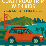 Illustrated family driving along California's Pacific Coast Highway, with kids, a red car, Big Sur cliffs, Golden Gate Bridge, and LA skyline in the background