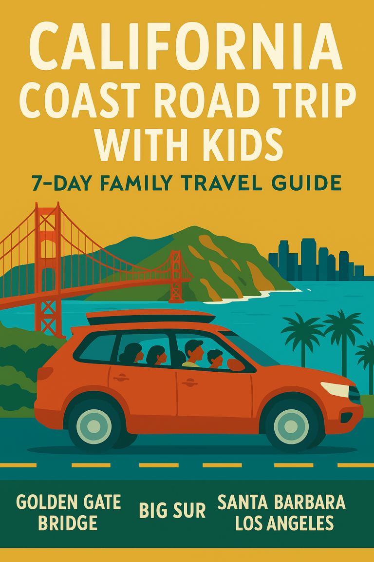 Illustrated family driving along California's Pacific Coast Highway, with kids, a red car, Big Sur cliffs, Golden Gate Bridge, and LA skyline in the background