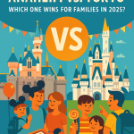 A colorful flat-style digital illustration comparing Disneyland Anaheim and Tokyo Disney, featuring iconic castles, fireworks, families, and planes, split into a side-by-side visual