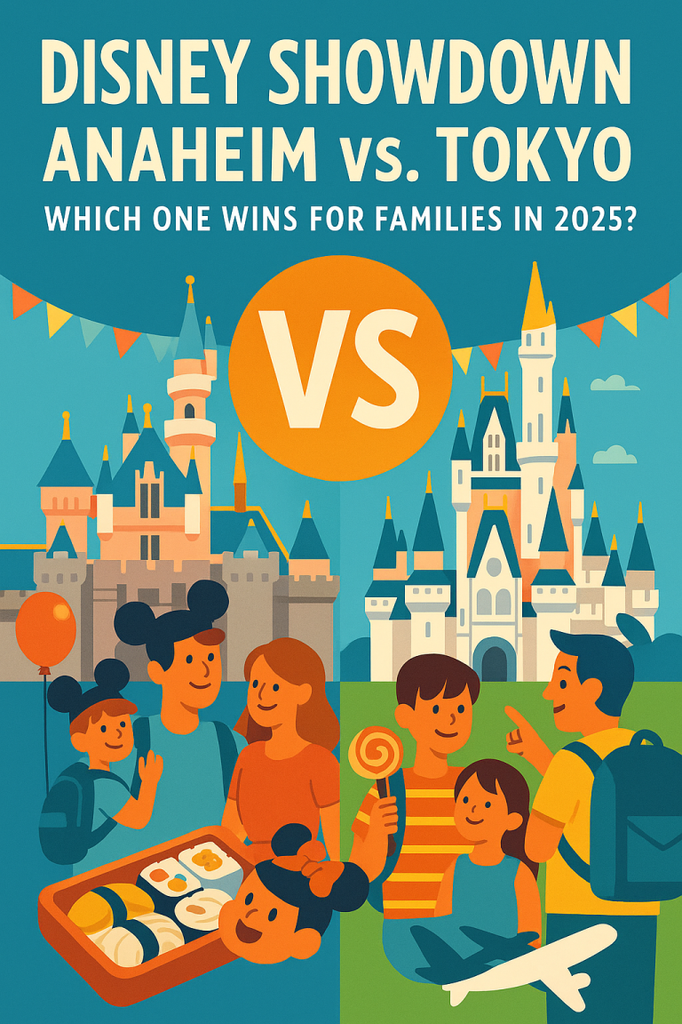 A colorful flat-style digital illustration comparing Disneyland Anaheim and Tokyo Disney, featuring iconic castles, fireworks, families, and planes, split into a side-by-side visual