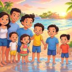 A cheerful cartoon illustration of a family enjoying a tropical resort by the pool, with kids playing, palm trees in the background, and colorful floaties