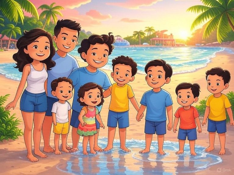 A cheerful cartoon illustration of a family enjoying a tropical resort by the pool, with kids playing, palm trees in the background, and colorful floaties