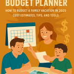 Flat-style digital illustration showing a family looking at a travel map and budget chart, surrounded by icons for flights, hotels, meals, and calculators