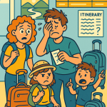 A colorful cartoon-style illustration showing a stressed-out family at the airport with too much luggage, confused kids, and a chaotic itinerary