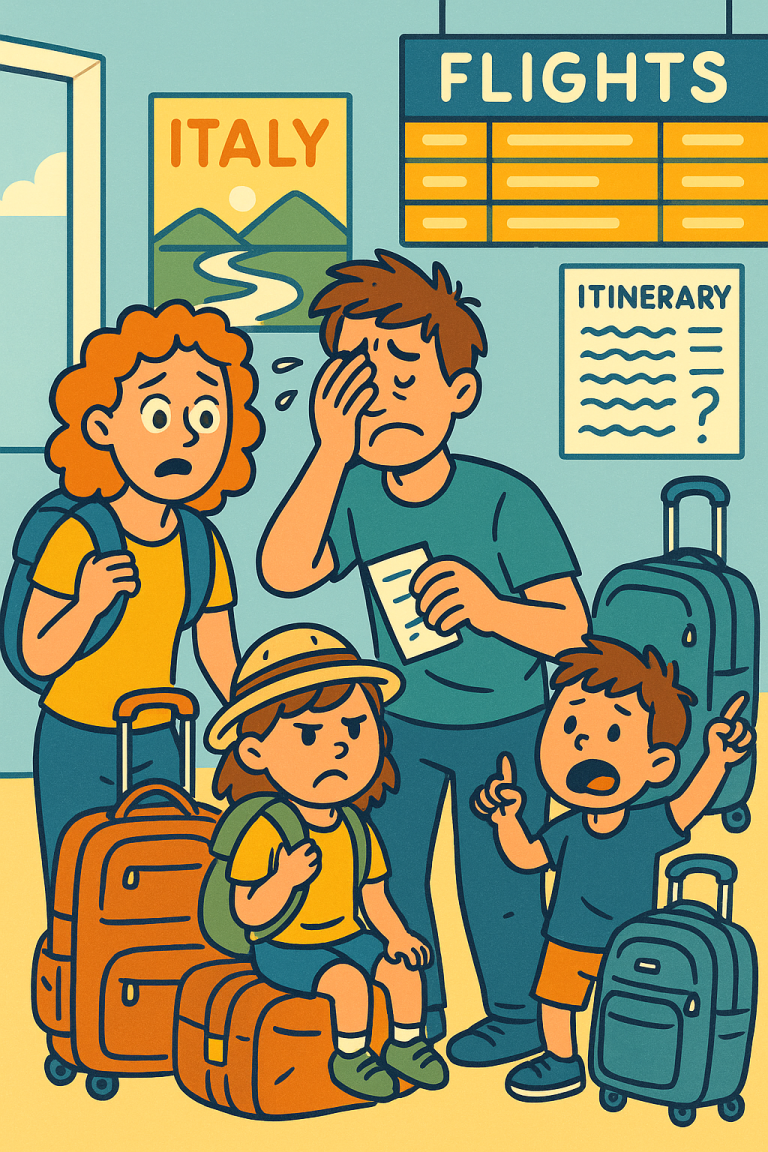 A colorful cartoon-style illustration showing a stressed-out family at the airport with too much luggage, confused kids, and a chaotic itinerary
