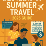 Flat-style illustration showing a family using a laptop to search for cheap summer flights, with a calendar, airplane icons, and price tags in the background