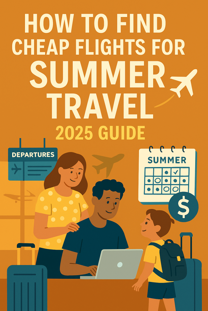 Flat-style illustration showing a family using a laptop to search for cheap summer flights, with a calendar, airplane icons, and price tags in the background
