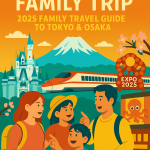 Illustration of a family visiting Japan with kids in 2025, including Tokyo Disneyland, bullet train, Expo 2025, and cherry blossoms