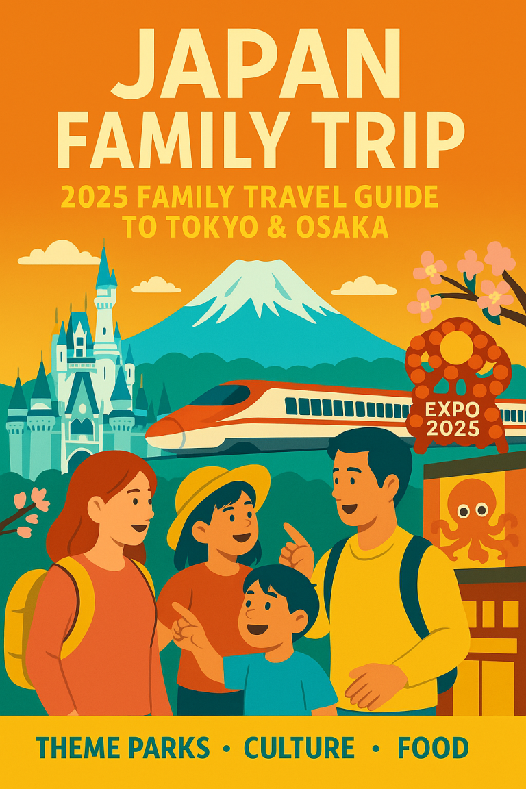 Illustration of a family visiting Japan with kids in 2025, including Tokyo Disneyland, bullet train, Expo 2025, and cherry blossoms