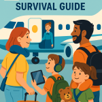 A colorful digital illustration of a family with young children at an airport gate, boarding a long-haul flight with comfort items, luggage, snacks, and baby gear in view