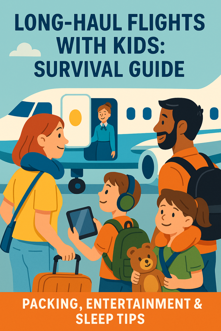 A colorful digital illustration of a family with young children at an airport gate, boarding a long-haul flight with comfort items, luggage, snacks, and baby gear in view