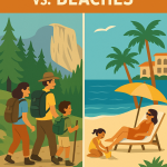 A colorful 2D illustration showing a split scene of a family hiking in a national park with mountains and wildlife on the left, and relaxing at a sunny beach with kids playing in the sand on the right