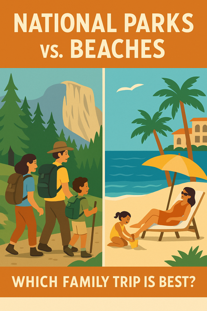 A colorful 2D illustration showing a split scene of a family hiking in a national park with mountains and wildlife on the left, and relaxing at a sunny beach with kids playing in the sand on the right