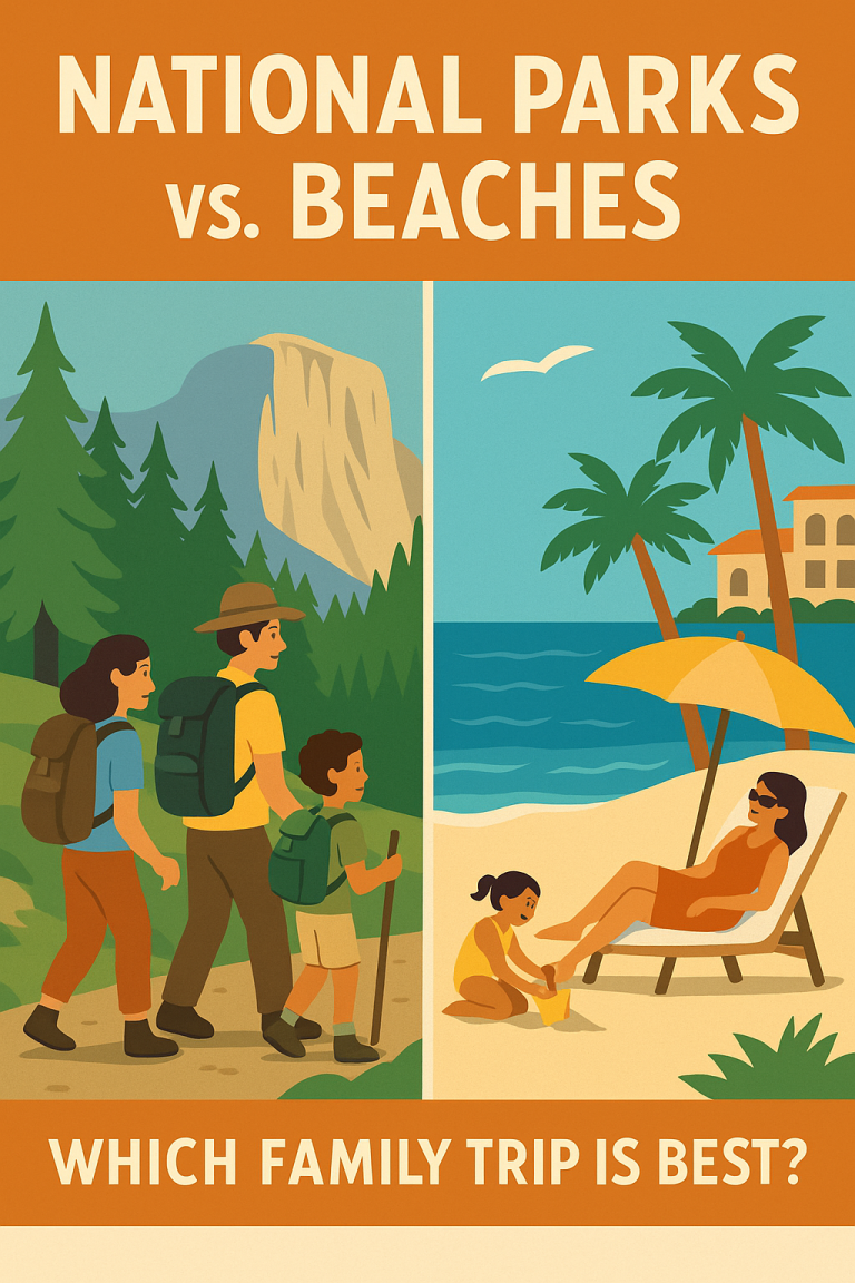 A colorful 2D illustration showing a split scene of a family hiking in a national park with mountains and wildlife on the left, and relaxing at a sunny beach with kids playing in the sand on the right