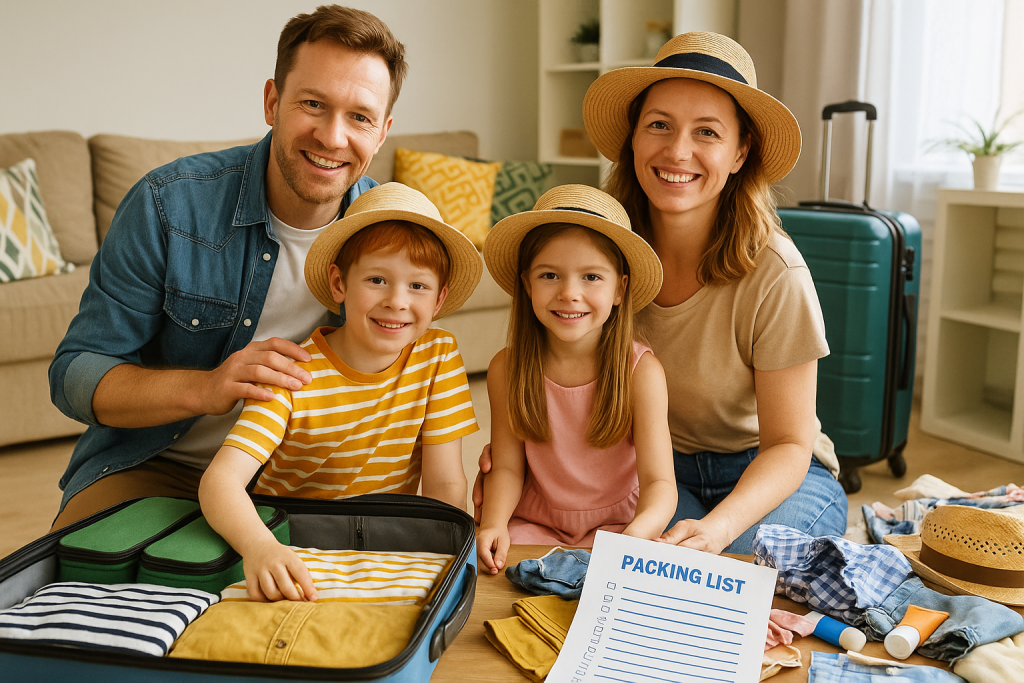 A natural-looking photograph of a family of four packing luggage together for a summer vacation — kids folding clothes, parents checking a travel checklist