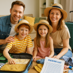 A natural-looking photograph of a family of four packing luggage together for a summer vacation — kids folding clothes, parents checking a travel checklist