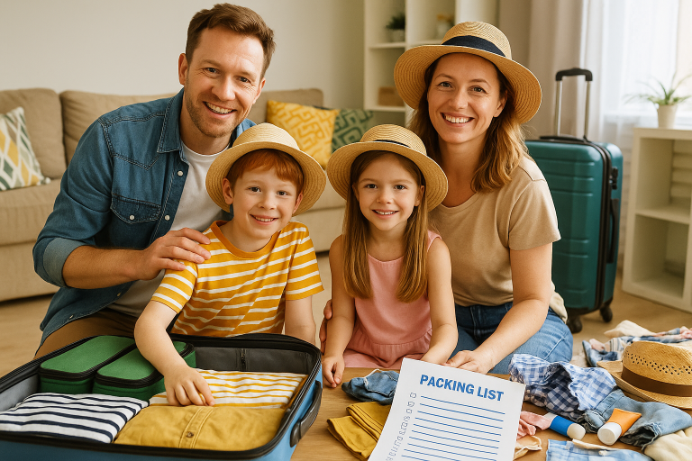 A natural-looking photograph of a family of four packing luggage together for a summer vacation — kids folding clothes, parents checking a travel checklist