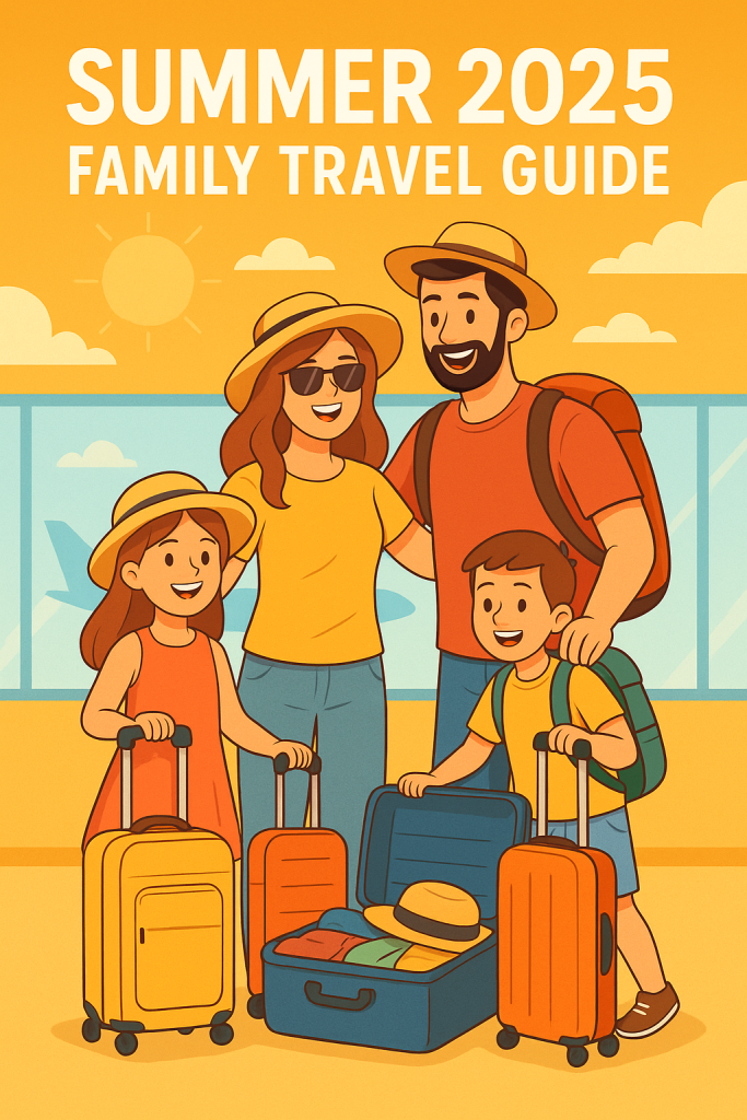 Family at airport preparing for summer 2025 vacation with suitcases and hats