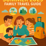 A flat-style digital illustration showing a smiling family planning a summer 2025 vacation with maps, suitcases, checklist, and icons of beach, mountains, and city skyline