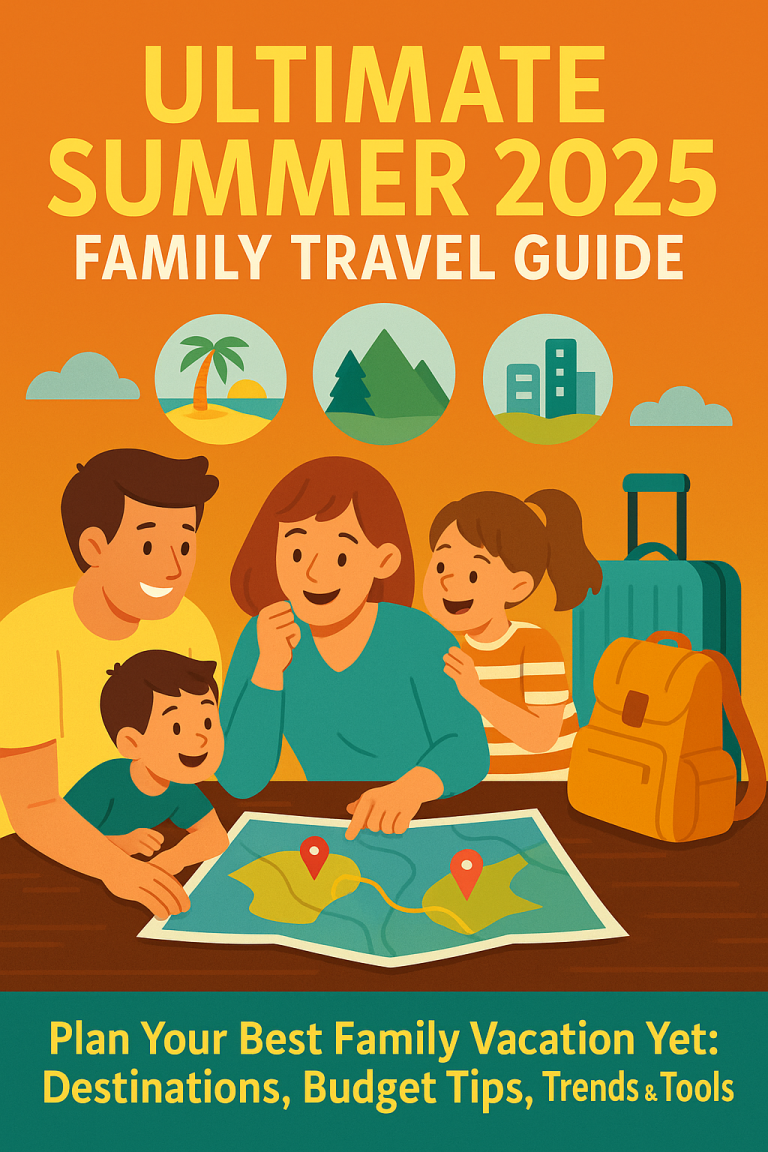 A flat-style digital illustration showing a smiling family planning a summer 2025 vacation with maps, suitcases, checklist, and icons of beach, mountains, and city skyline