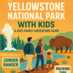 Illustration of a family with children exploring geysers and wildlife in Yellowstone National Park, 2025
