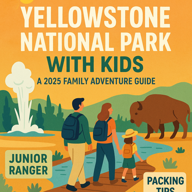 Illustration of a family with children exploring geysers and wildlife in Yellowstone National Park, 2025